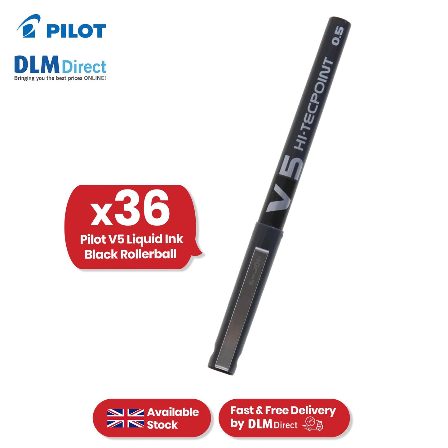 Pilot V5 Rollerball Pen - Black 0.5mm Fine Tip Rollerball Pen, Liquid Biros for Notes