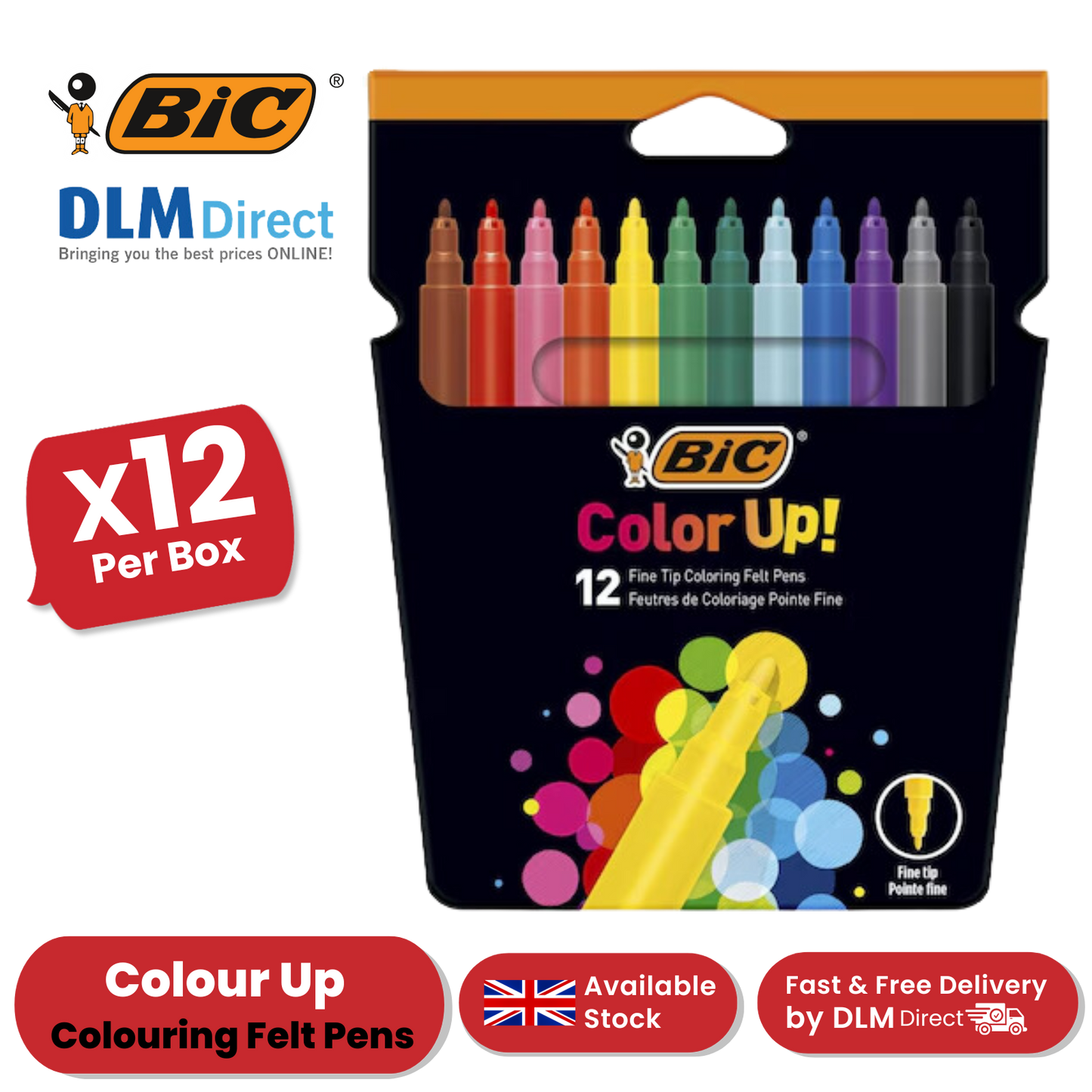 BIC Colour Up Colouring Felt Pens Assorted Colours - Pack of 12 - 1 to 5 Packs
