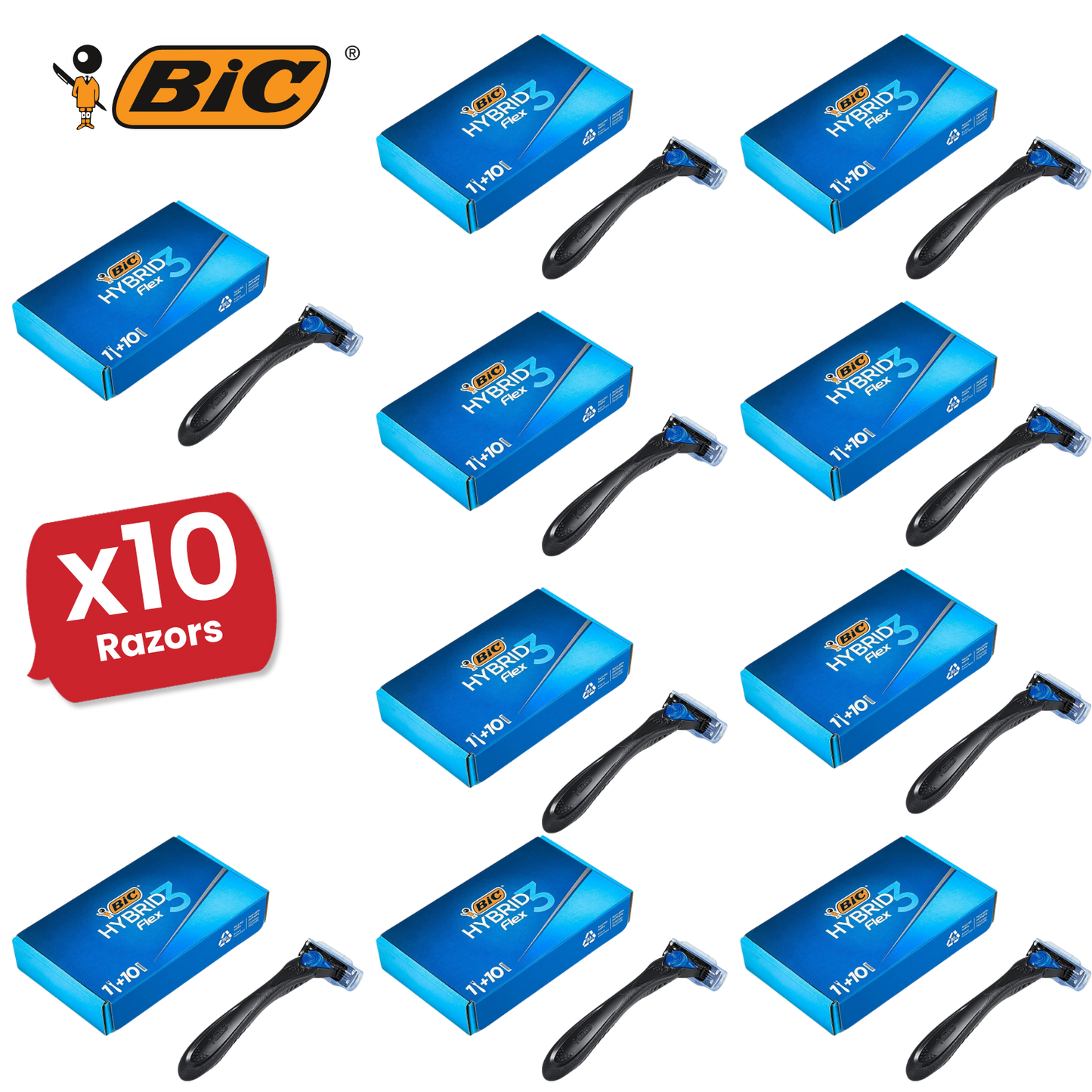 BIC Hybrid 3 Flex Refillable Men's Razor - 1 Handle + 10 Blades Pack