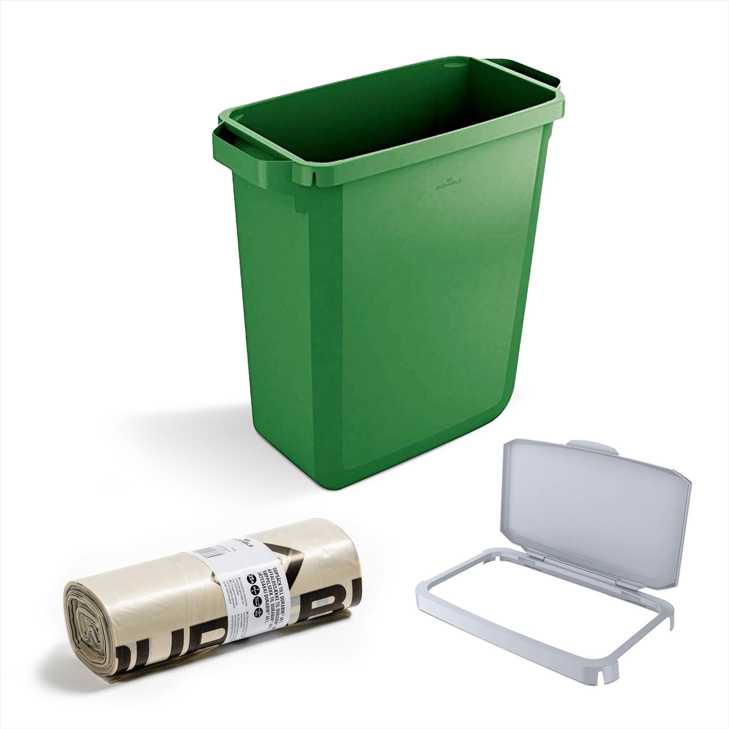 DURABIN 60L Green Bin Set & Grey Hinged Lid and 25x 110L Recycled Bin Bags