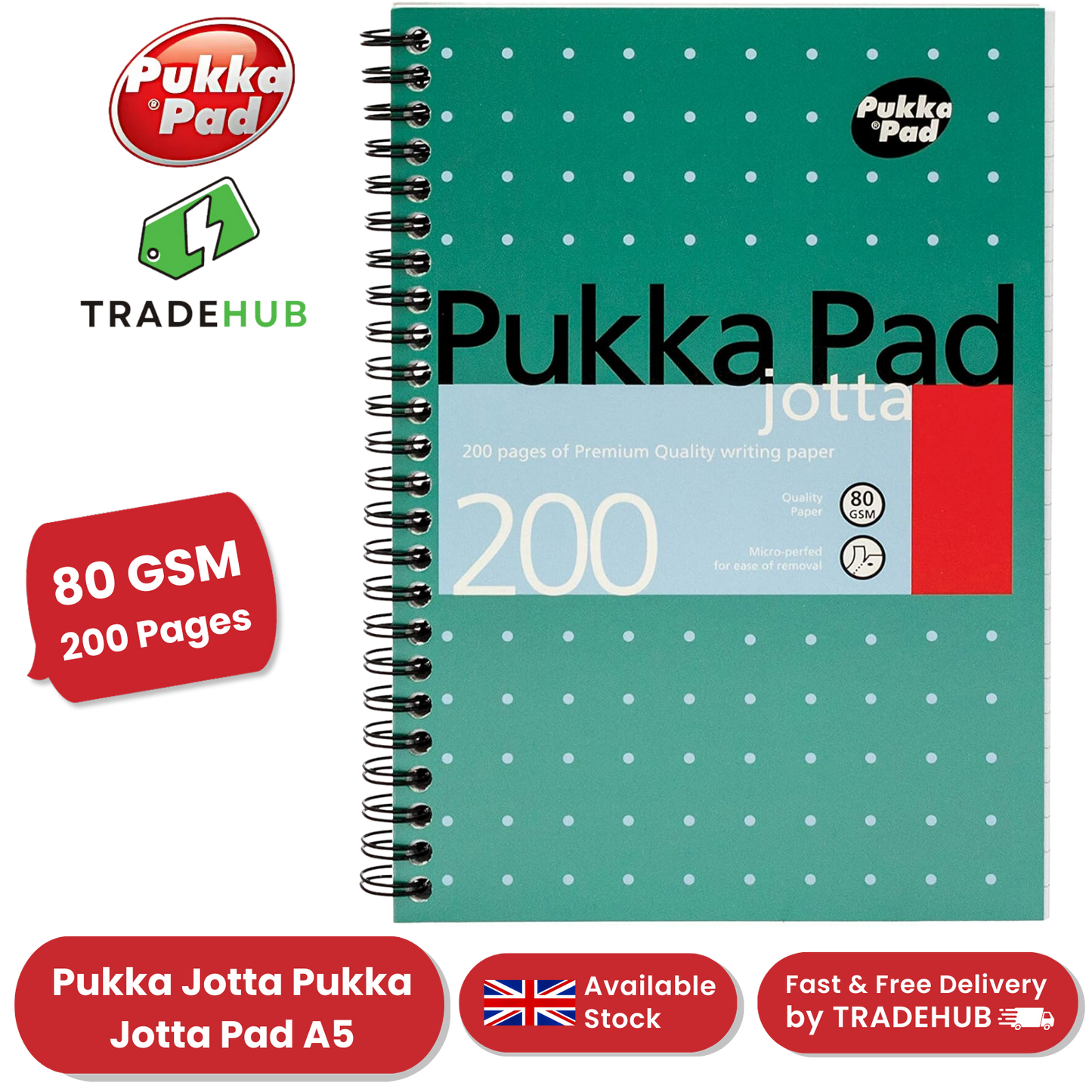 PUKKA WHITE A5 WIREBOUND PADS 200 page 80gsm (RULED/MARGIN) - PACK OF 1