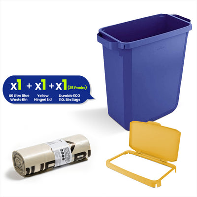 DURABIN 60L Blue Bin Set & Grey Hinged Lid and 25x 110L Recycled Bin Bags