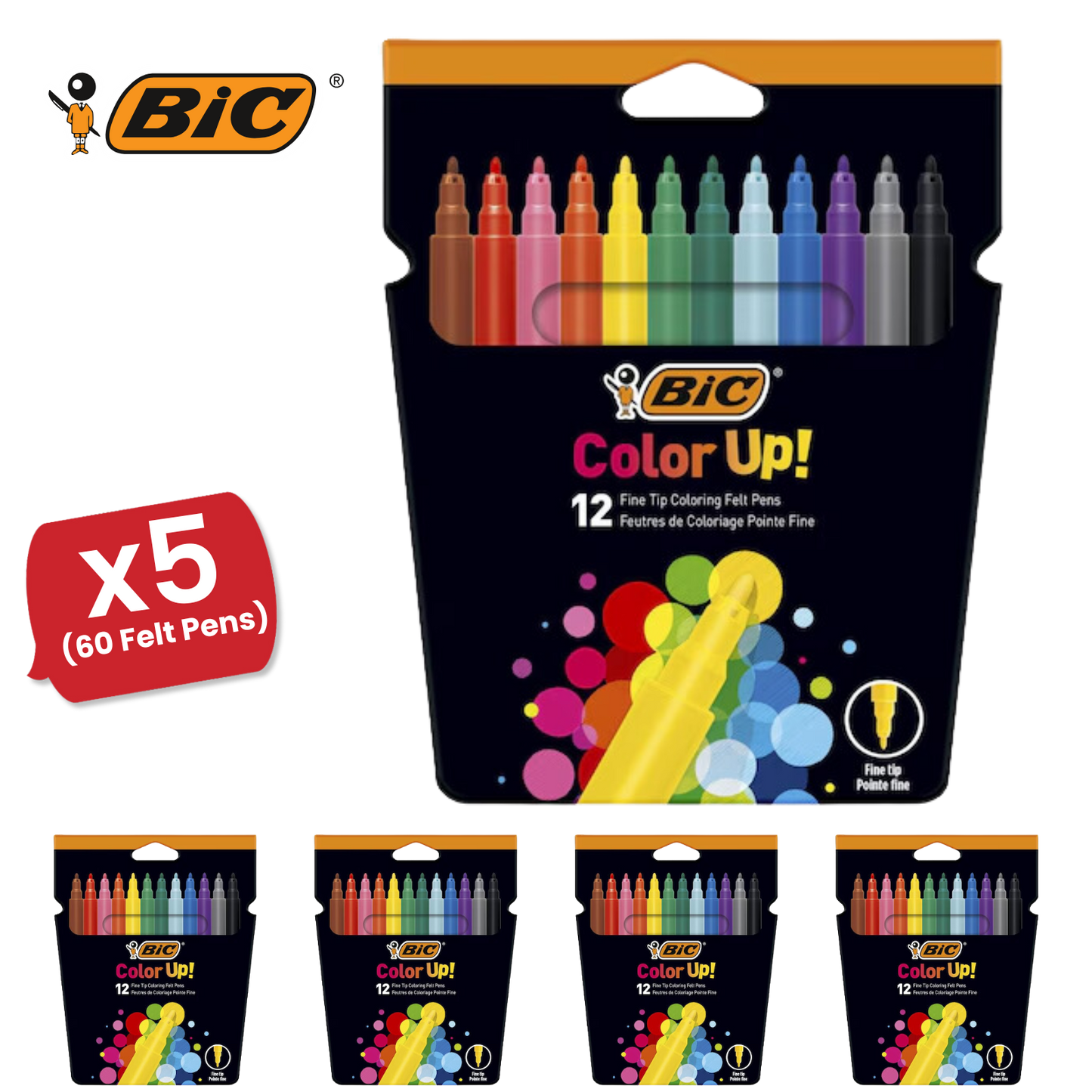 BIC Colour Up Colouring Felt Pens Assorted Colours - Pack of 12 - 1 to 5 Packs