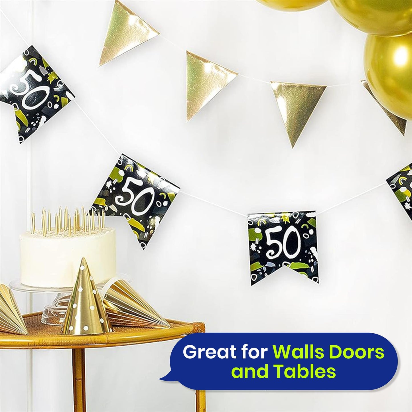 50th Birthday Decoration Set Silver Badge Black and White Banner and Bunting