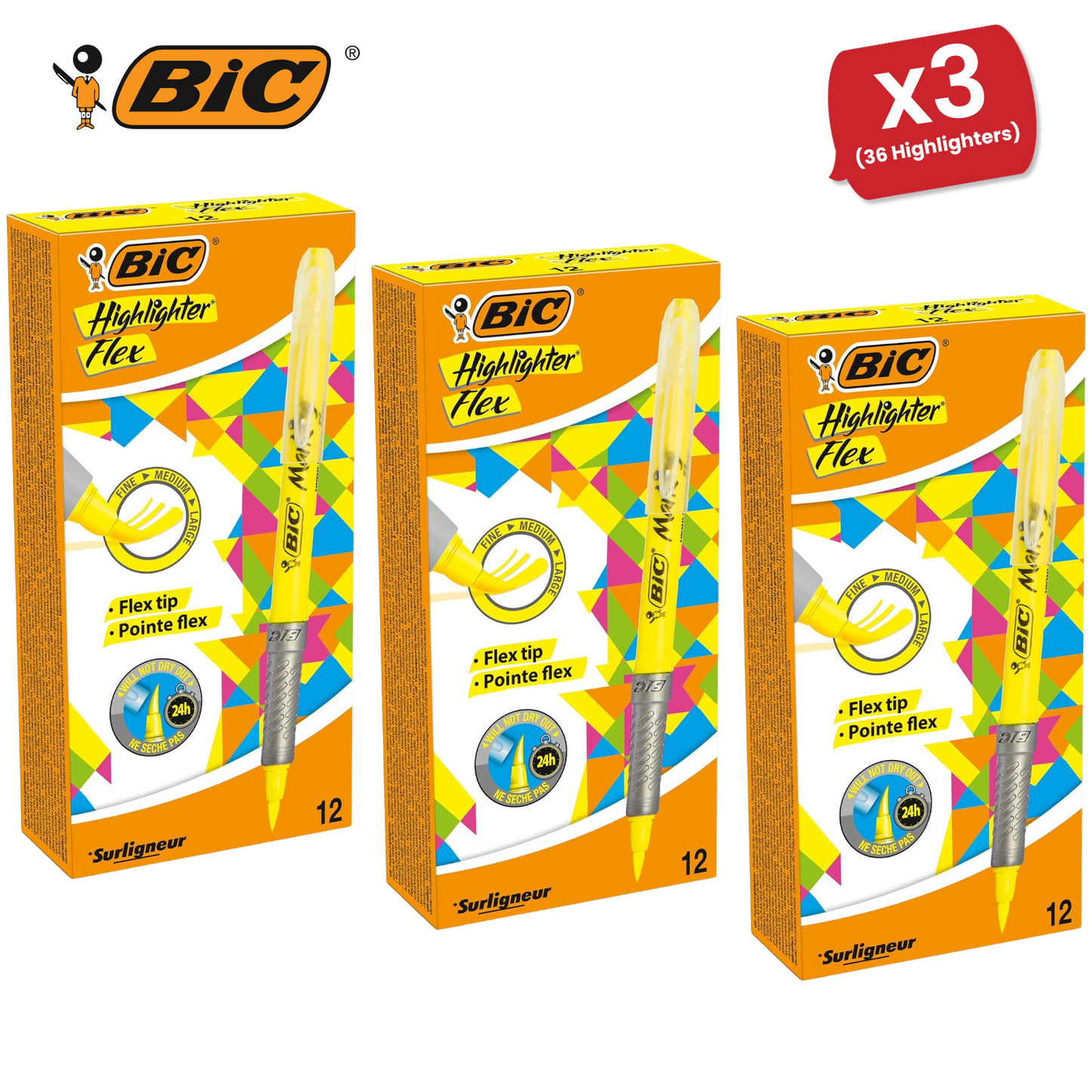 Bic Flex Highlighters Fluorescent Yellow - Pack of 12