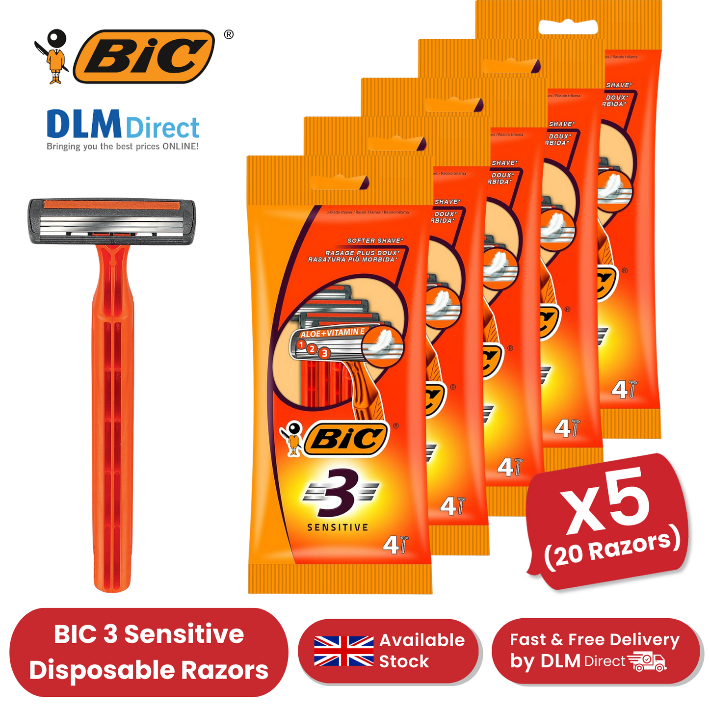 BIC 3 Sensitive 3-Blade Disposable Razors for Men Aloe + Vitamin E - 5 Pack