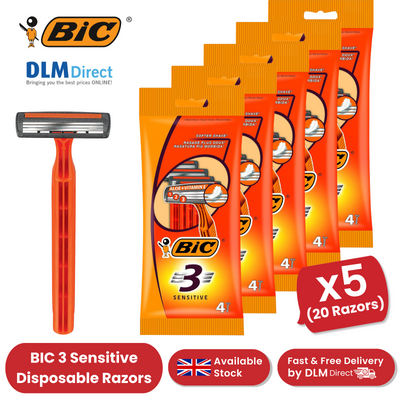 BIC 3 Sensitive 3-Blade Disposable Razors for Men Aloe + Vitamin E - 5 Pack