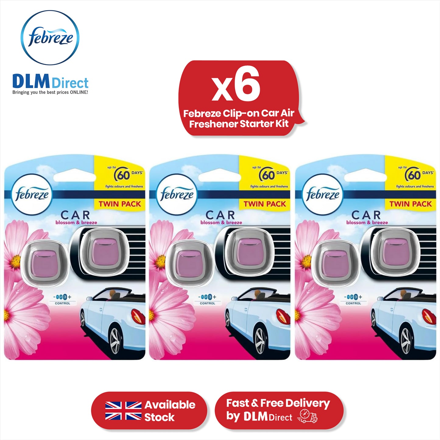 Febreze Clip-On Car Air Freshener 2ml Blossom & Breeze Gel Car Freshener for Odour (Pack of 6)