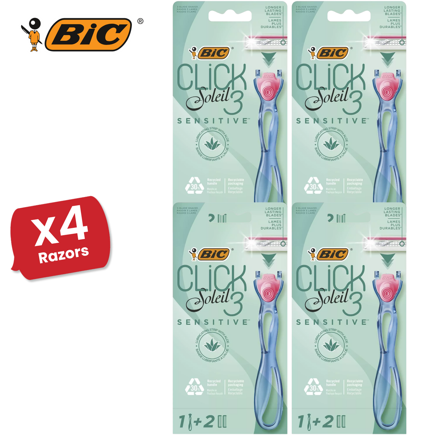 BIC Click 3 Soleil Sensitive Women's Razor Refills - 1 Handle + 4 Blades -1 to 5