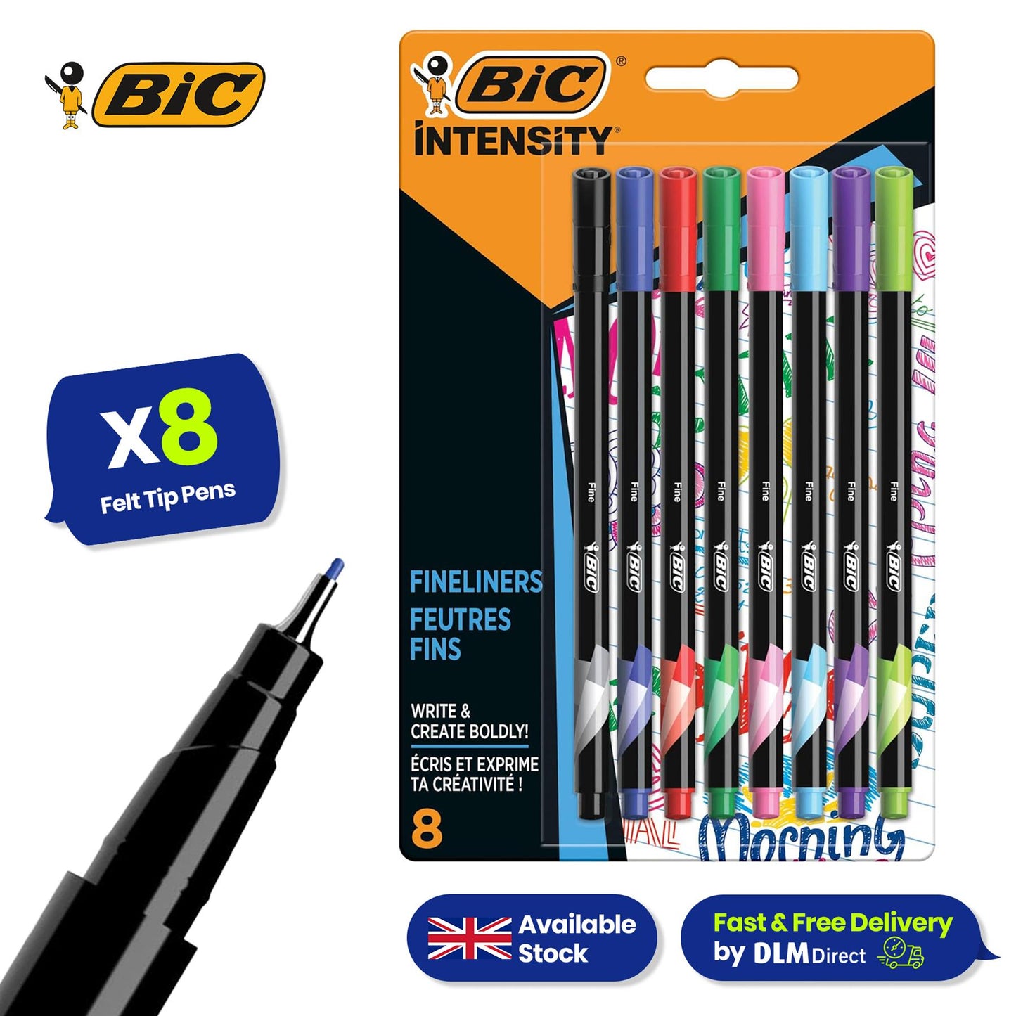 BIC Intensity Fine Felt Tip Pens Fine Point Assorted Colours - Pack of 8