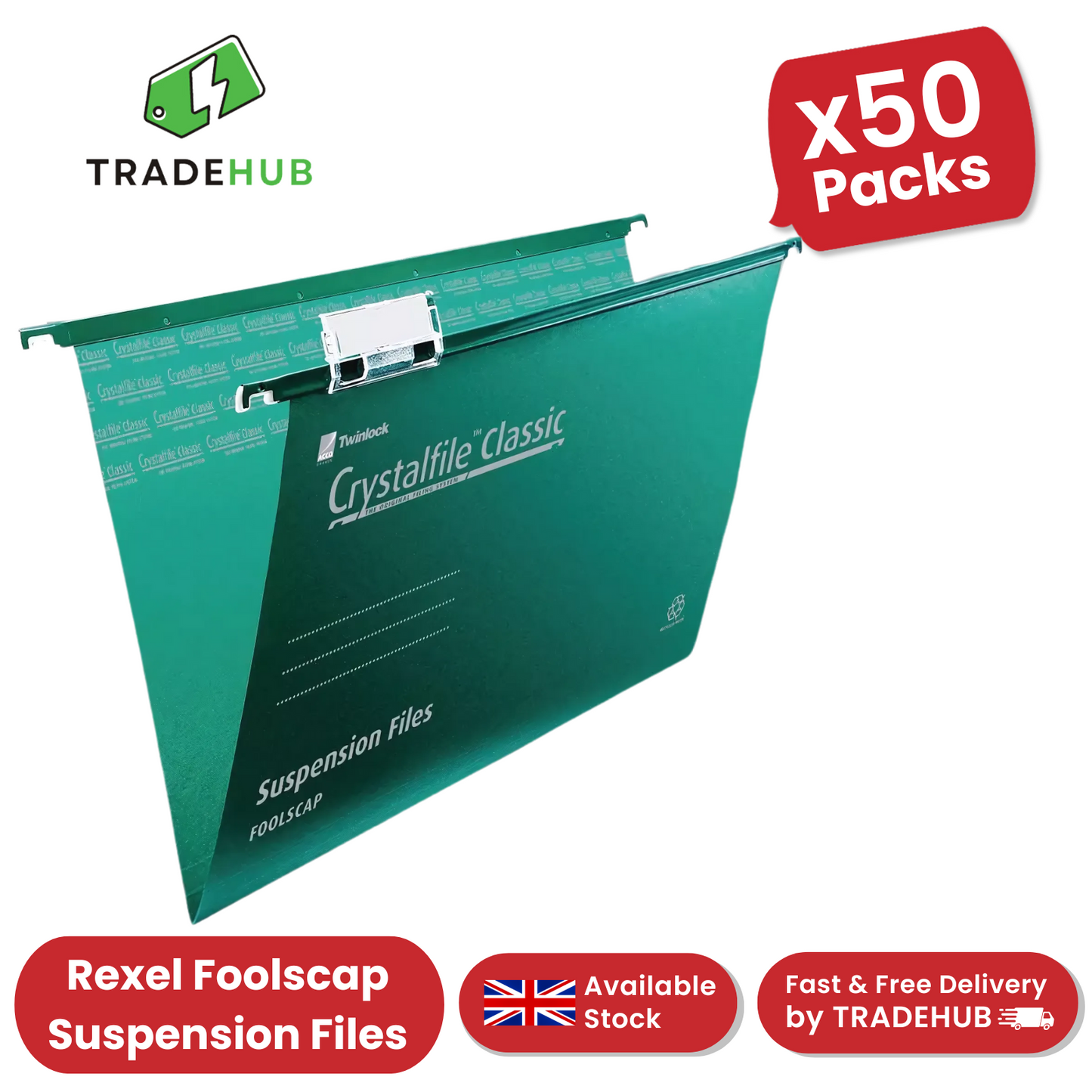 REXEL CRYSTALFILE GREEN FOOLSCAP SUSPENSION FILES V BASE - PACK OF 50 - 1 to 5