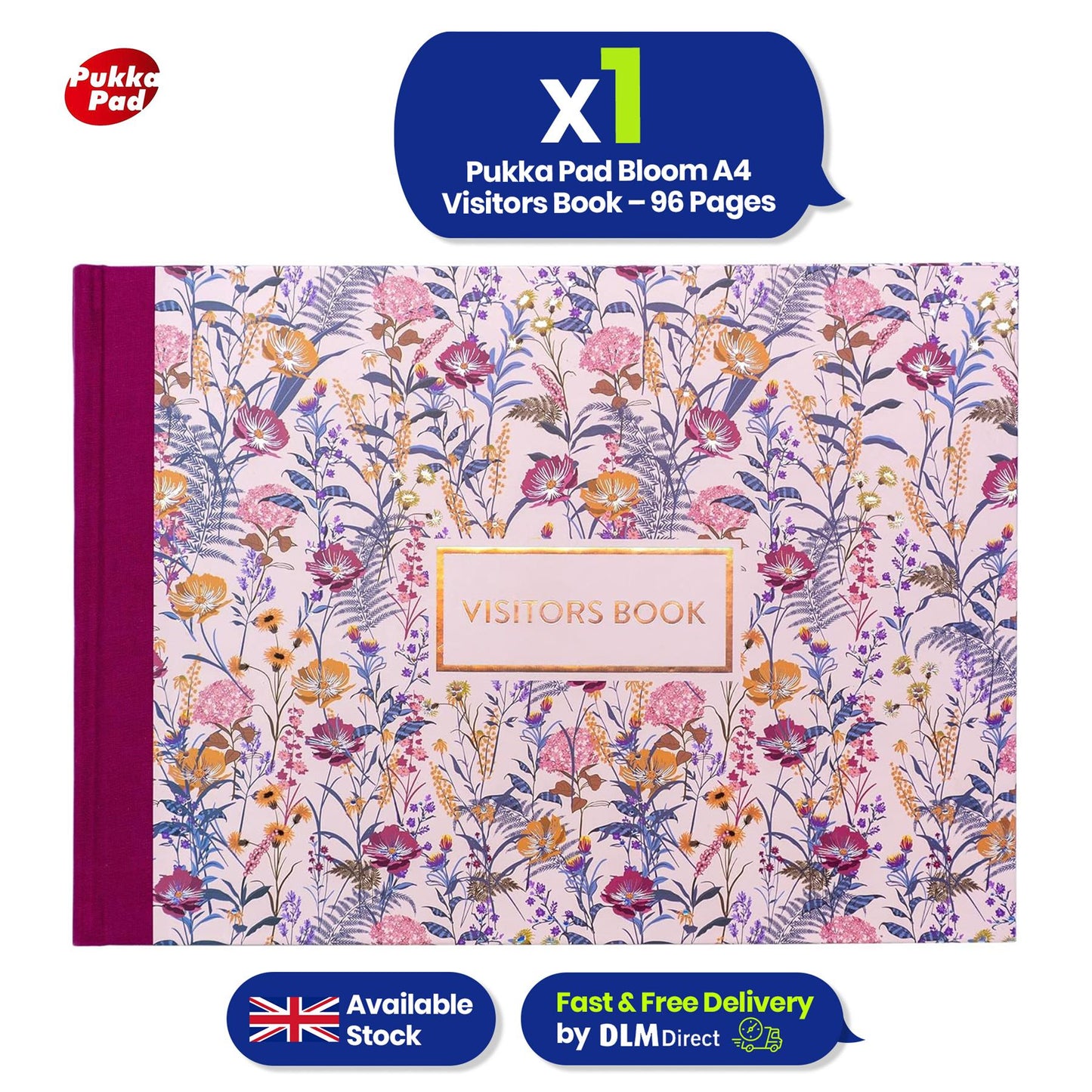 Pukka Pad A4 Visitor Log Book Cream 96 Pages Floral Hardcover Sign In Book for Office or School