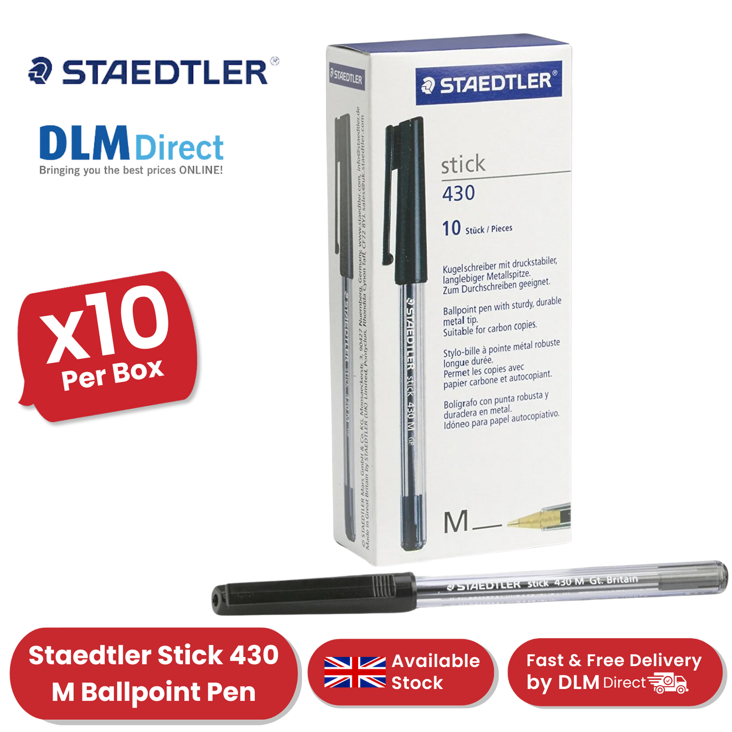 Staedtler Stick 430 M-9 Ballpoint Pen Medium - Black - Pack of 10 - 1 to 5 Packs