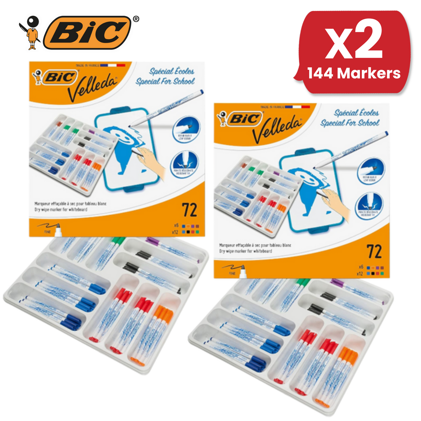BIC Velleda Whiteboard Marker Pens Fine Tip - Assorted Colours, Classpack of 72