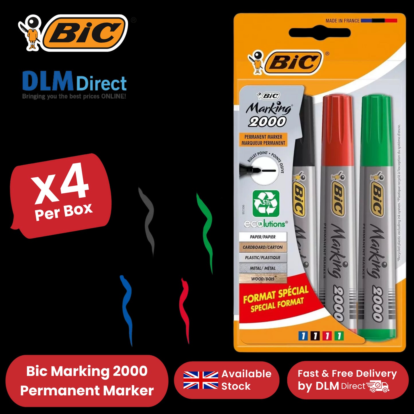 Bic 2000 Bullet Tip Permanent Marker( Black, Blue, Red, Green) Pack of 4 Markers