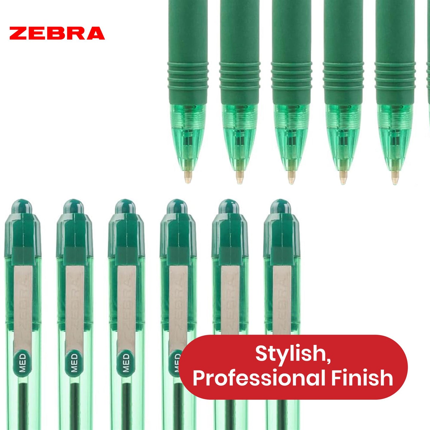 Zebra Smooth Ballpoint Pen Green Z Grip Retractable Pen 1.0mm Medium Point Biro for School Office (Pack of 12)