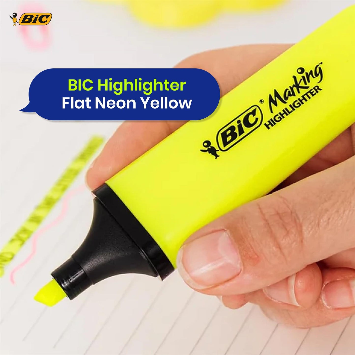 BIC 12x Marking Highlighter Flat Marker Neon Yellow Modular Tip for Precise Highlighting