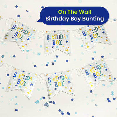 On The Wall Birthday Boy Bunting 4m with 10 Flags, Blue Reusable Party