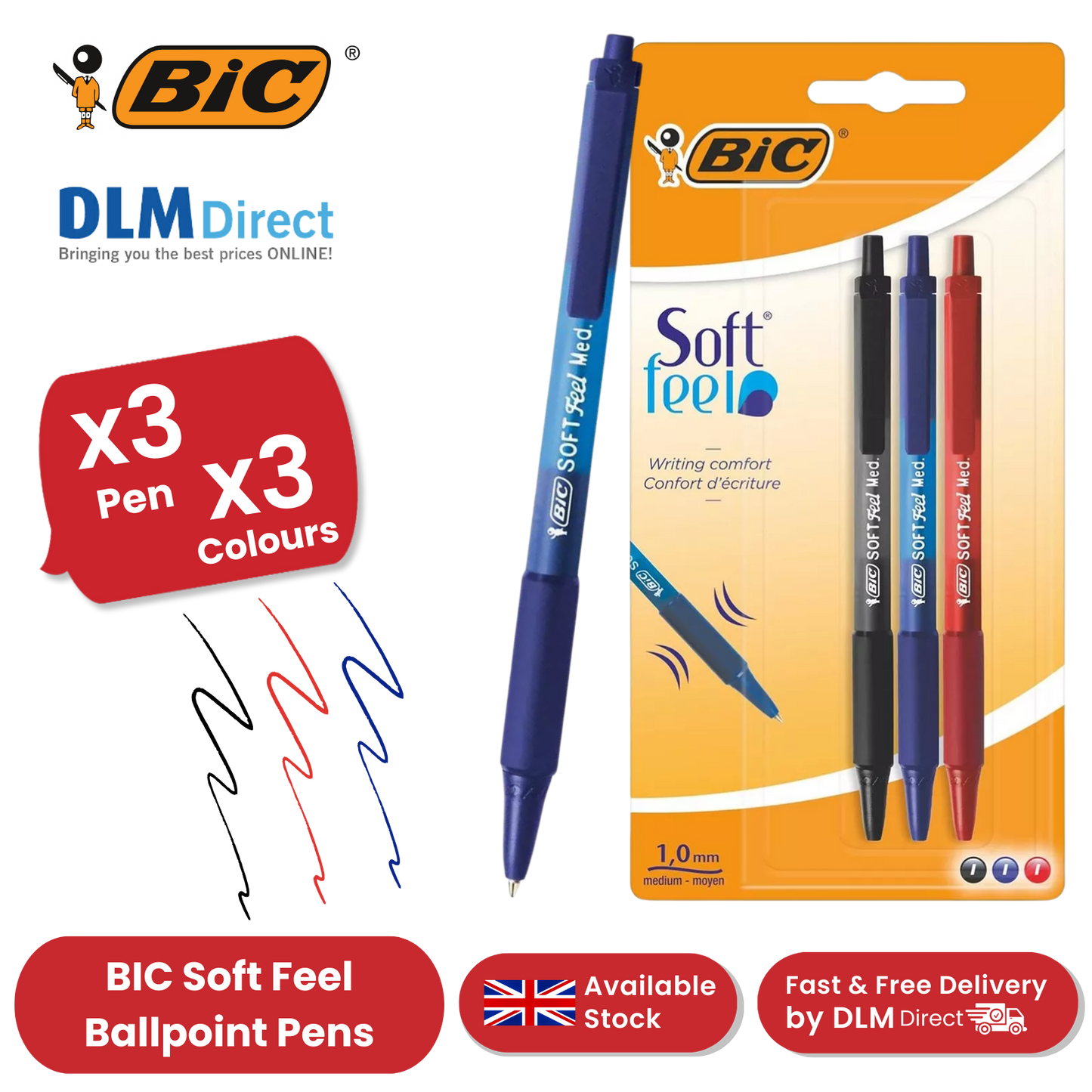Bic Soft Feel Ballpoint Pens Medium Point (1.0 mm) (Black,Blue,Red), Pack of 3