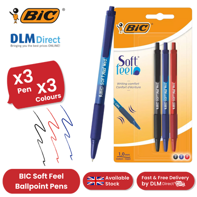 Bic Soft Feel Ballpoint Pens Medium Point (1.0 mm) (Black,Blue,Red), Pack of 3