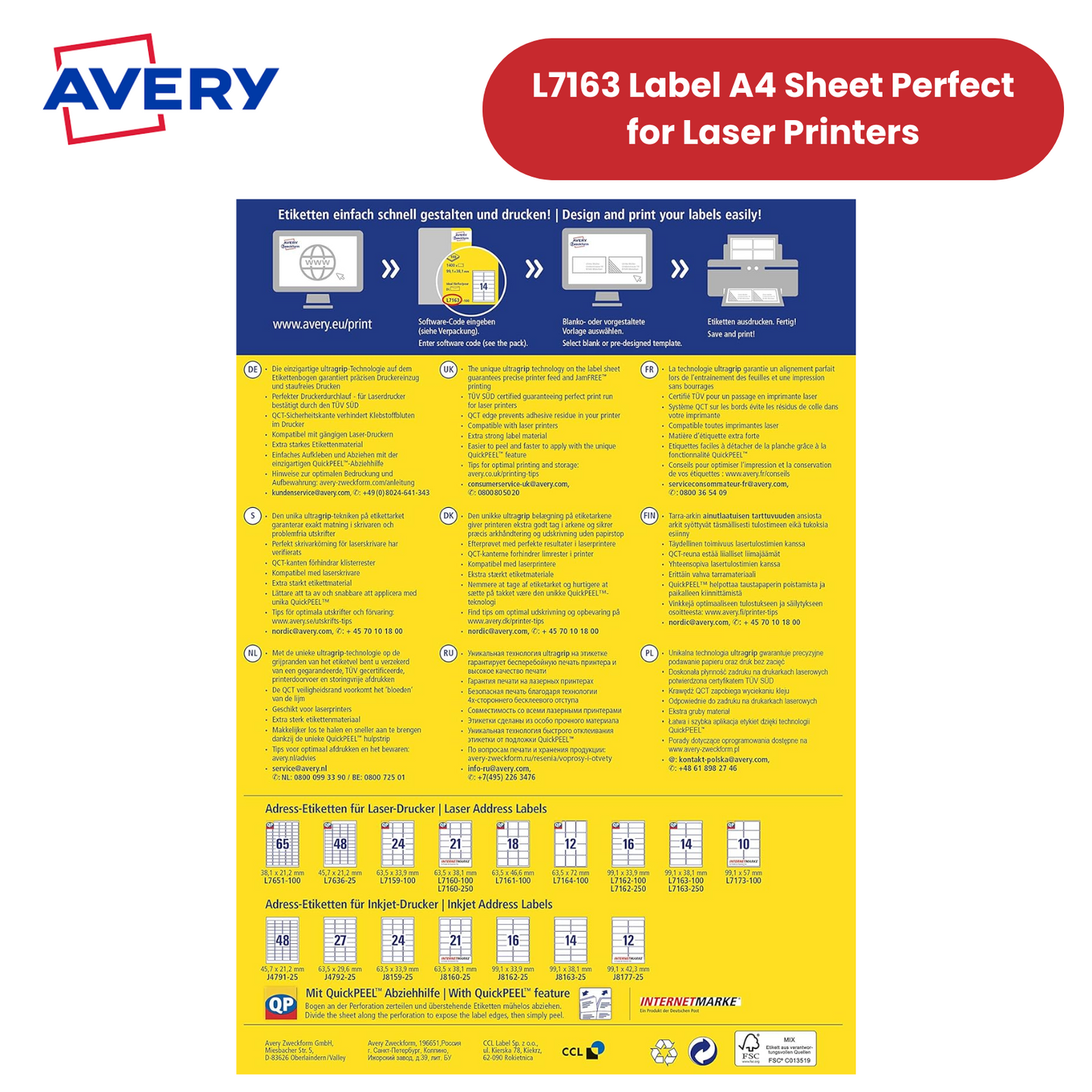 AVERY L7163-250 QUICKPEEL WHITE LASER ADDRESSING LABELS 99.1X38.1MM - BOX OF 250