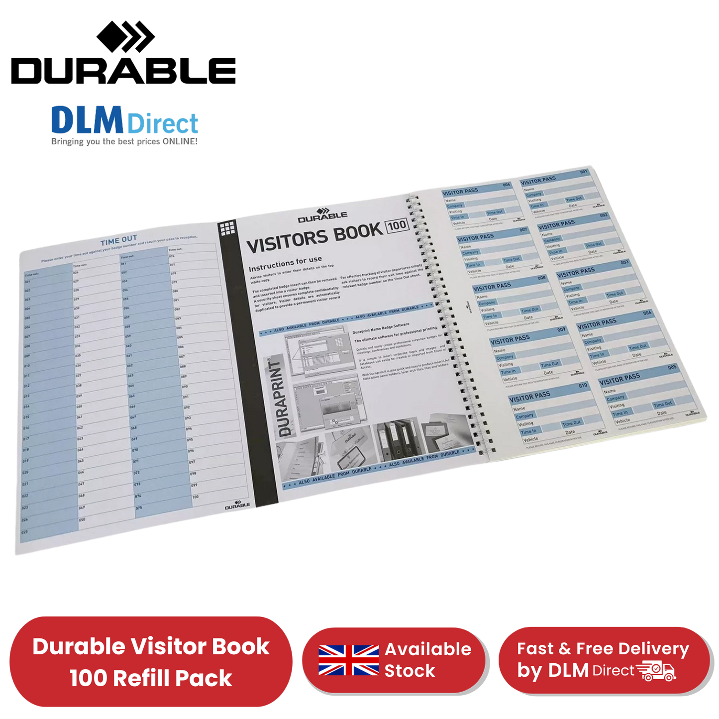 Durable Visitor Book 100 Refill Pack - 100 Perforated 90 x 60 mm Visitor -1 to 5