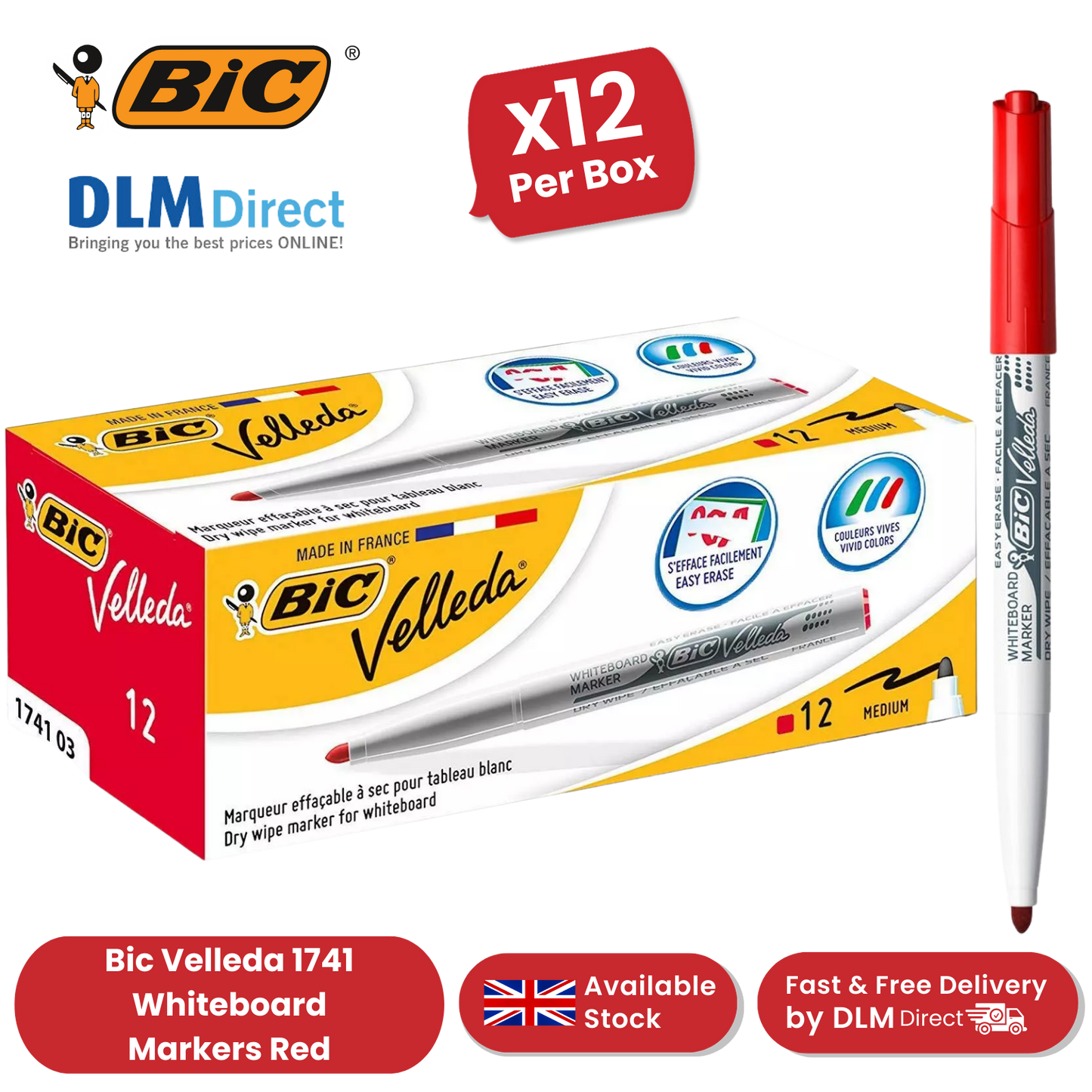 Bic Velleda 1741 Whiteboard Drywipe Markers Red – Long-Lasting Pens Box of 12Bic Velleda 1741 Whiteboard Drywipe Markers Red – Long-Lasting Pens Box of 12