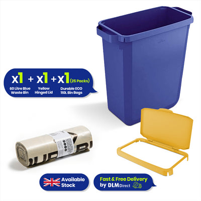 DURABIN 60L Blue Bin Set & Grey Hinged Lid and 25x 110L Recycled Bin Bags