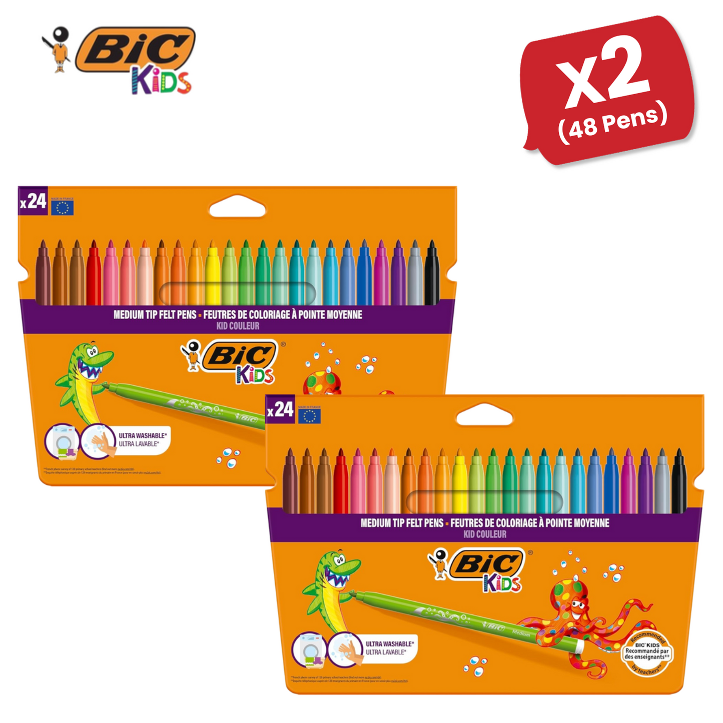 BIC Kids Felt Tip Pens with Medium Blocked Tip 24 Colours