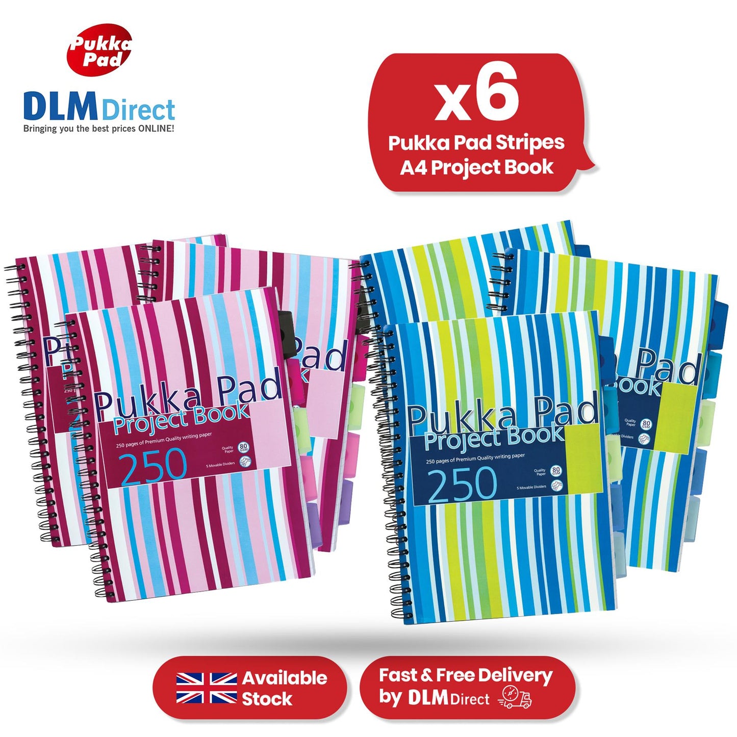 Pukka Pad Project Book - 250 Pages Assorted Colours Stripes A4 Notepad for School