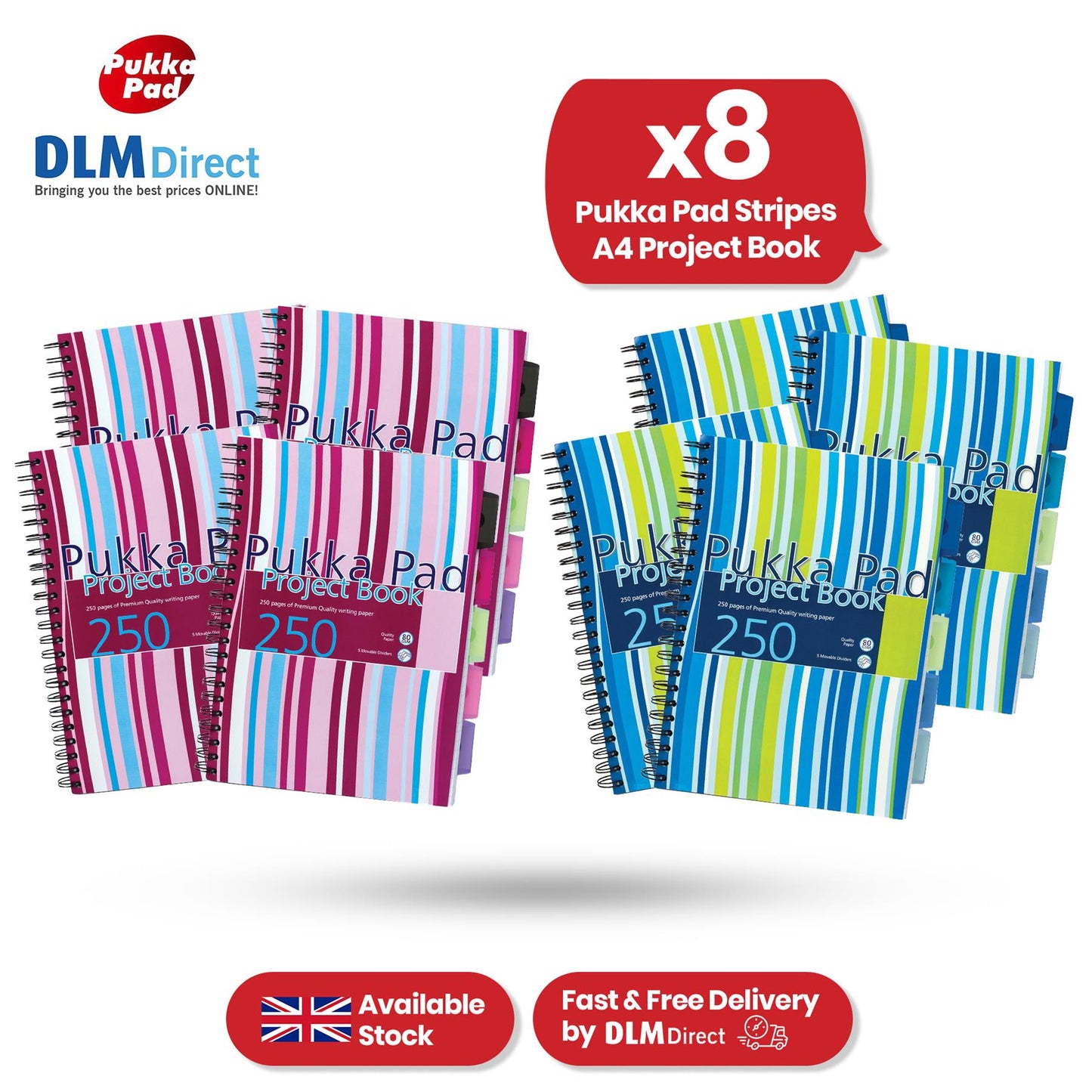 Pukka Pad Project Book - 250 Pages Assorted Colours Stripes A4 Notepad for School