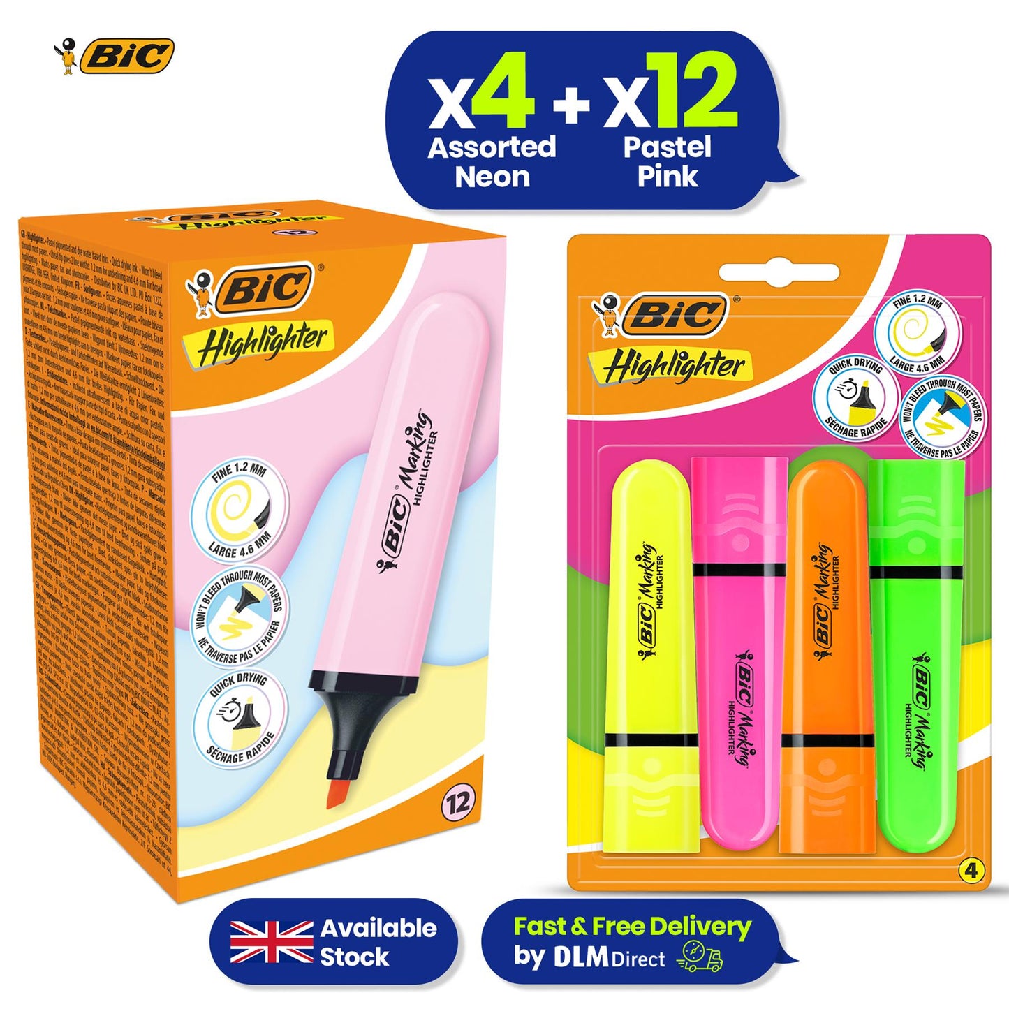 BIC Highlighter Flat Marker Pastel Pink Pack of 12 & 4x Assorted Neon Chisel Tip Markers