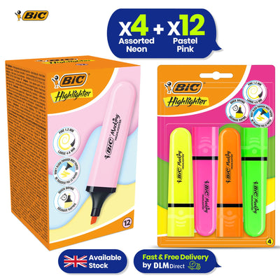 BIC Highlighter Flat Marker Pastel Pink Pack of 12 & 4x Assorted Neon Chisel Tip Markers