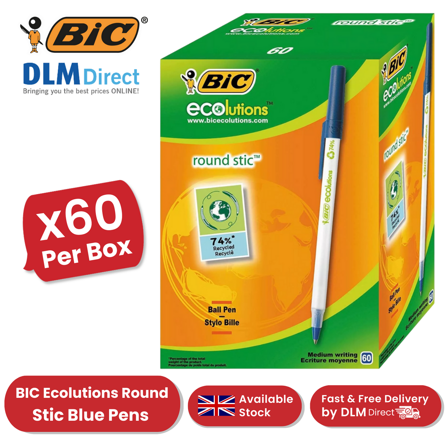 BIC Ecolutions Round Stic Ballpoint Pens - Blue Ink, 1.0mm Tip - Box of 60