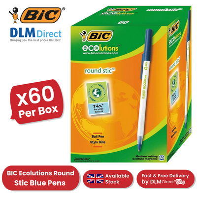 BIC Ecolutions Round Stic Ballpoint Pens - Blue Ink, 1.0mm Tip - Box of 60