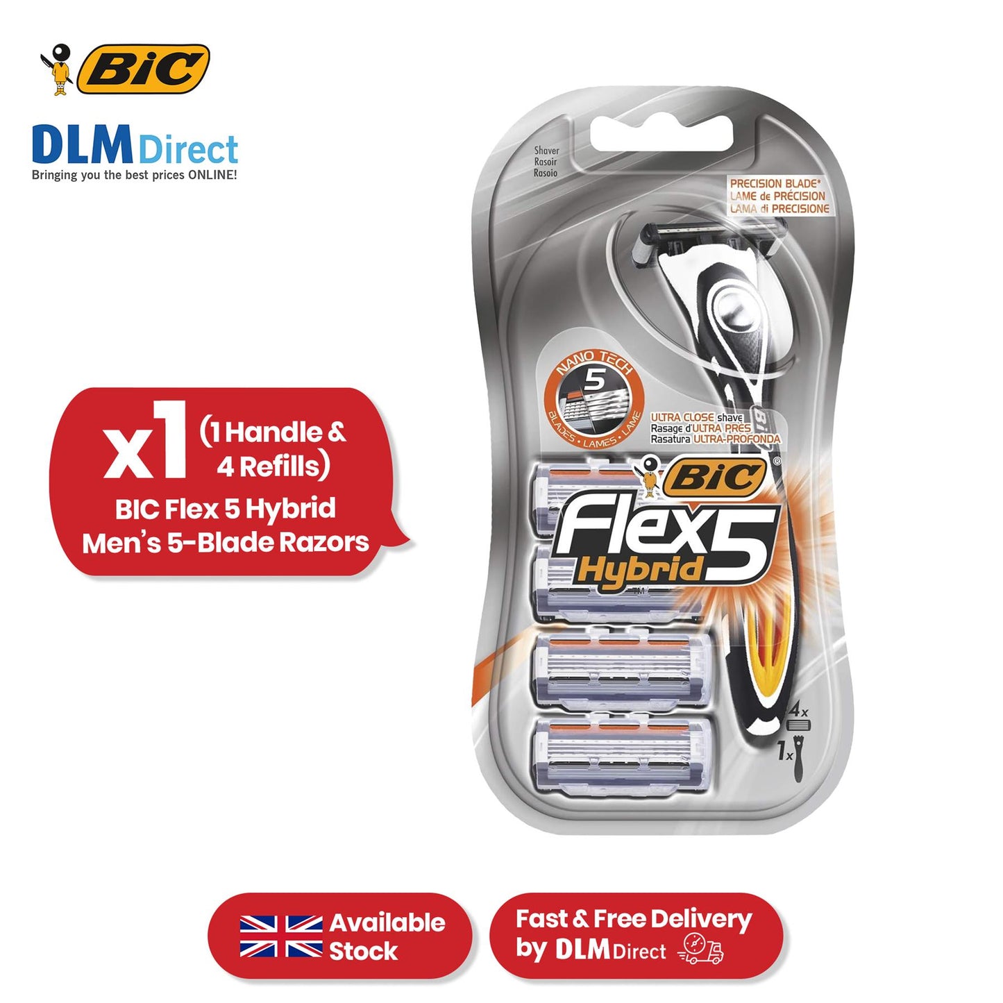 BIC Flex 5 Hybrid, Men's 5-Blade Razors, Precision Blade for Accuracy, Pack with 1 Handle and 4 Refills