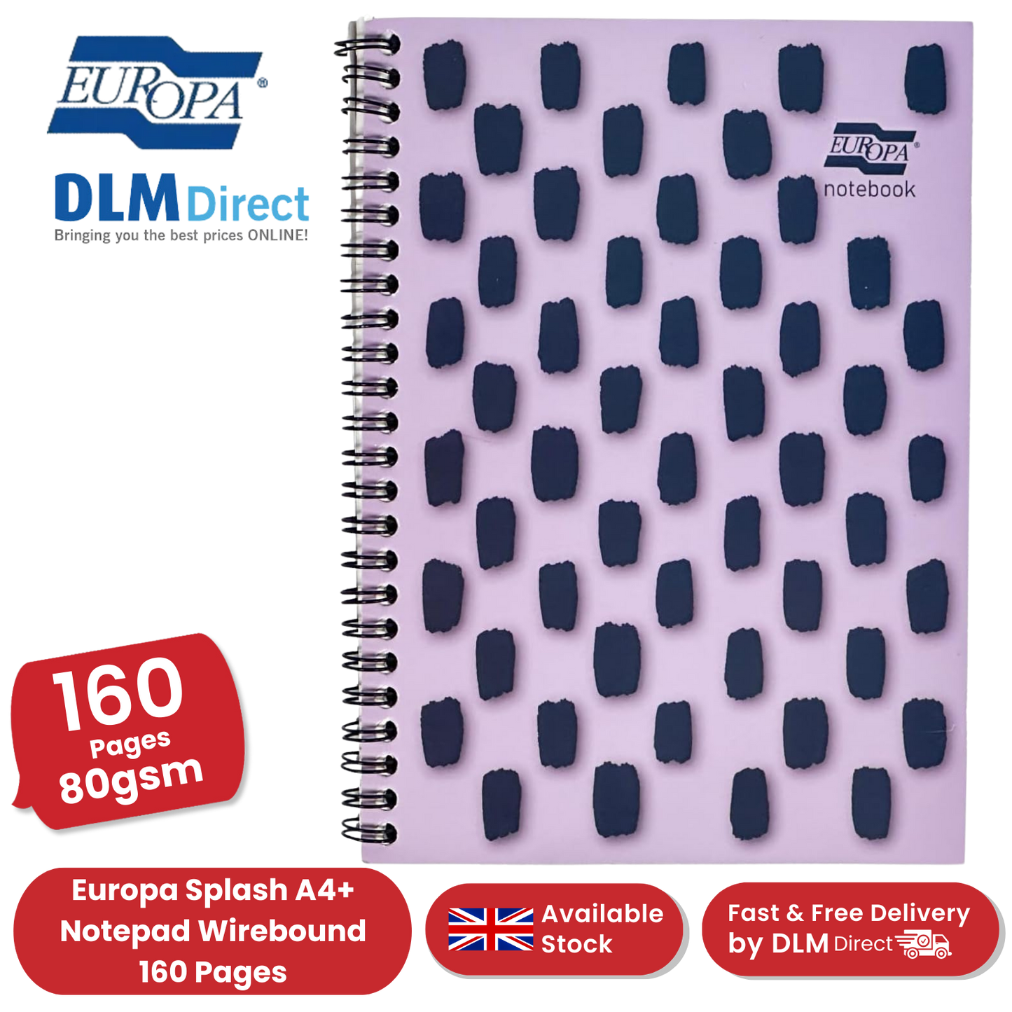 Europa Splash A4+ Notepad Wirebound 160 Pages 80g FSC Paper Ruled Punched Purple