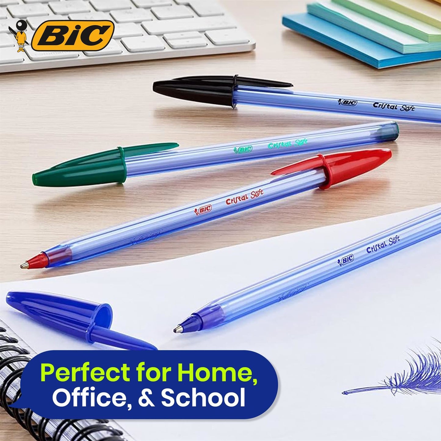 Bic Cristal Soft Ballpoint Pens Medium Tip (1.2 mm) Assorted Colours, Pack of 15 + 5,Black / Blue / Red / Green