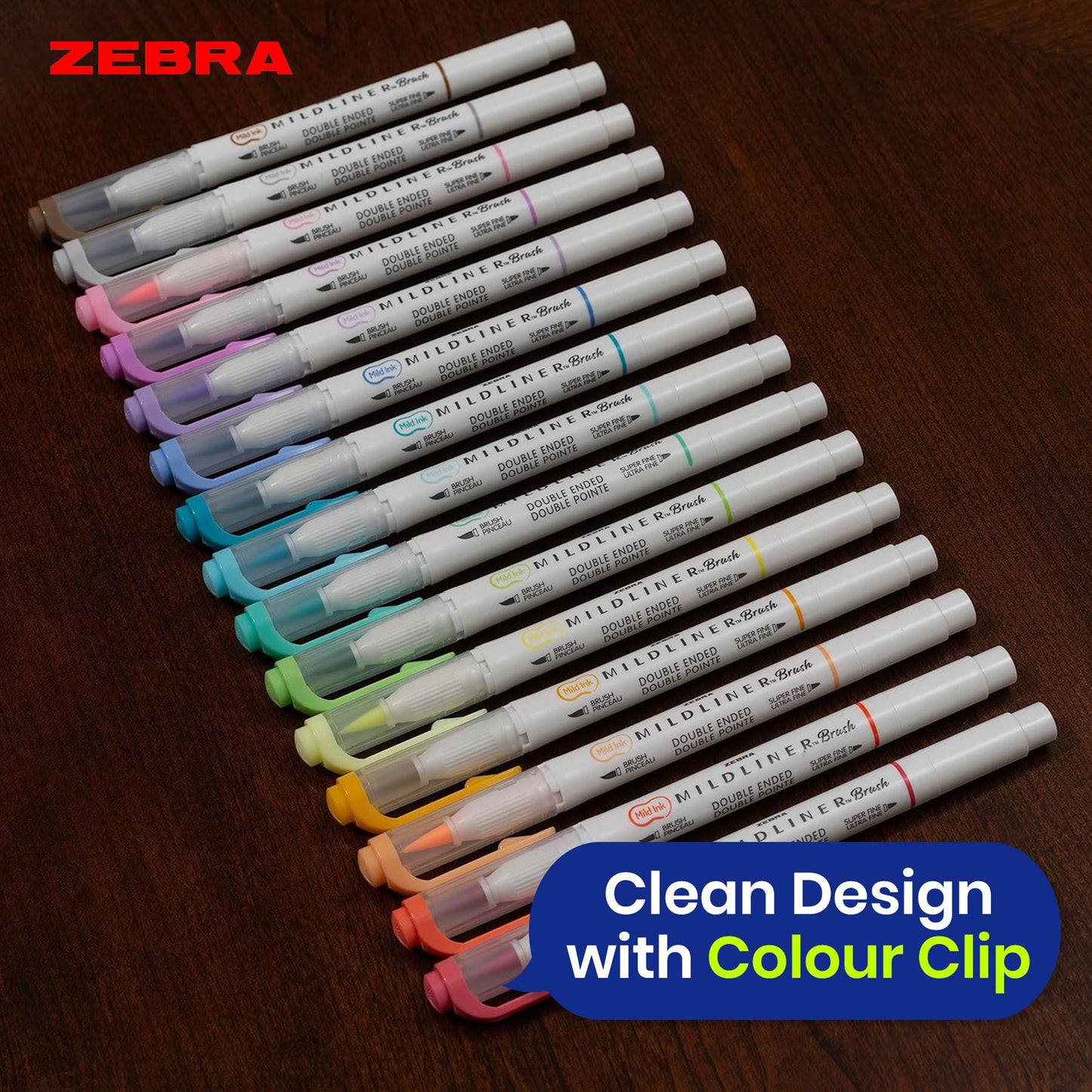 Zebra Mildliner Dual Tip Highlighter Pens Set of 15 Pastel Colours with Brush and Bullet Tip Ink