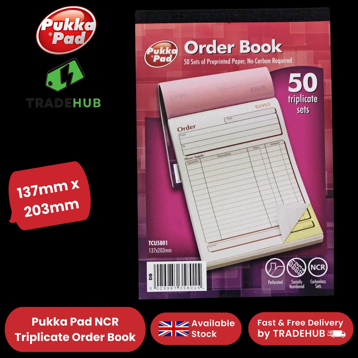 Pukka Pad NCR Triplicate Order Book 137mm x 203mm - Single - 1 to 36 Packs