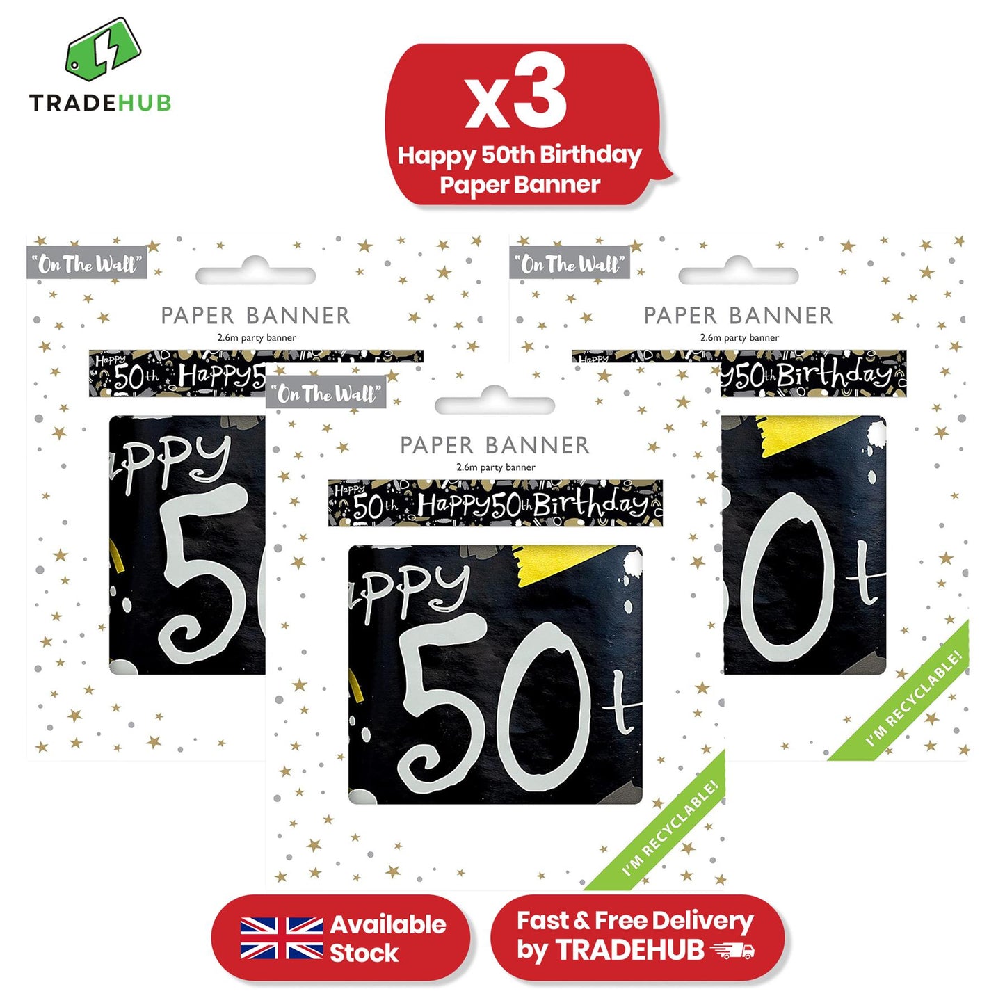 Happy 50th Birthday Black and White Recyclable Banner - 2.6m