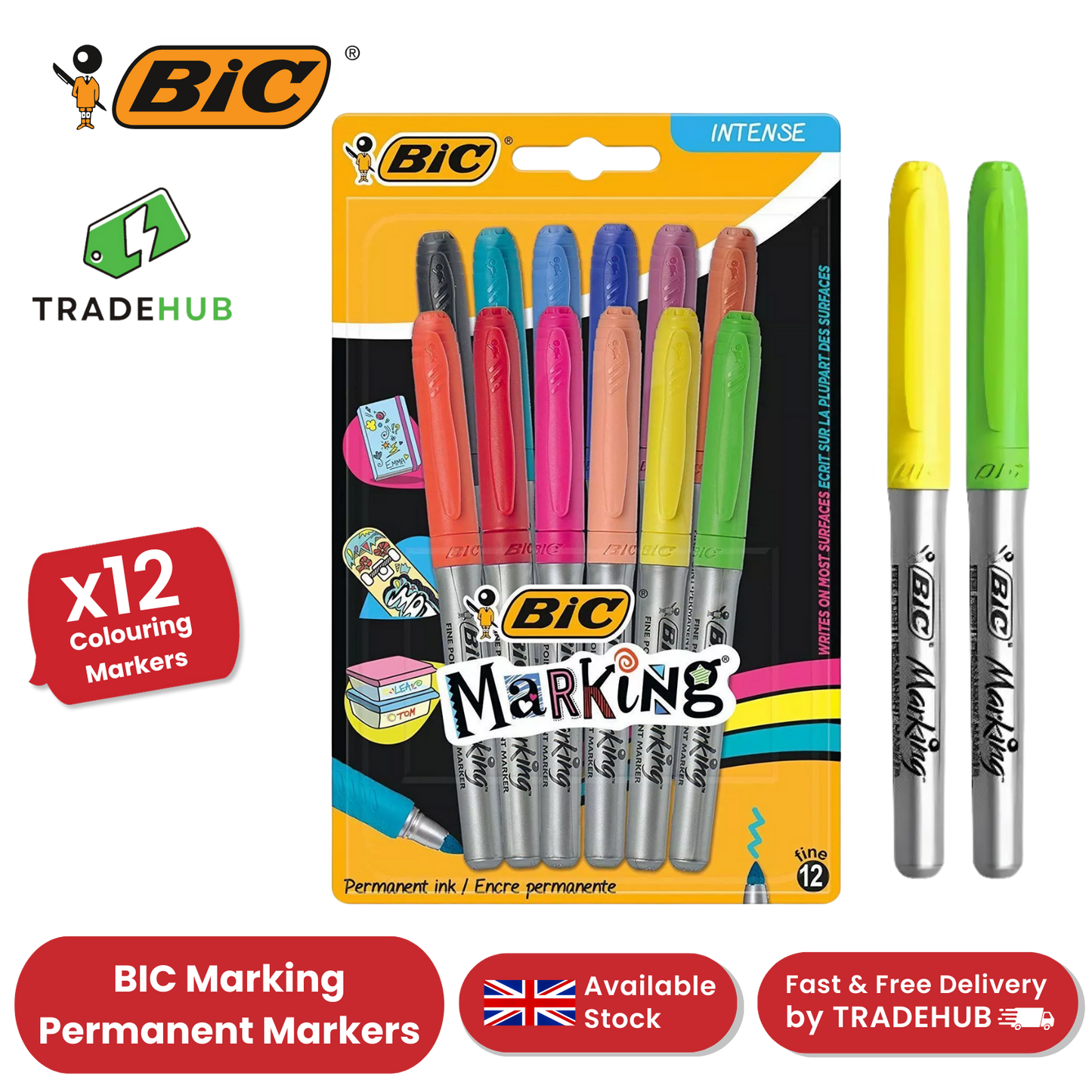 BIC PERMANENT MARKERS FINE ASSORTED - PACK OF 12