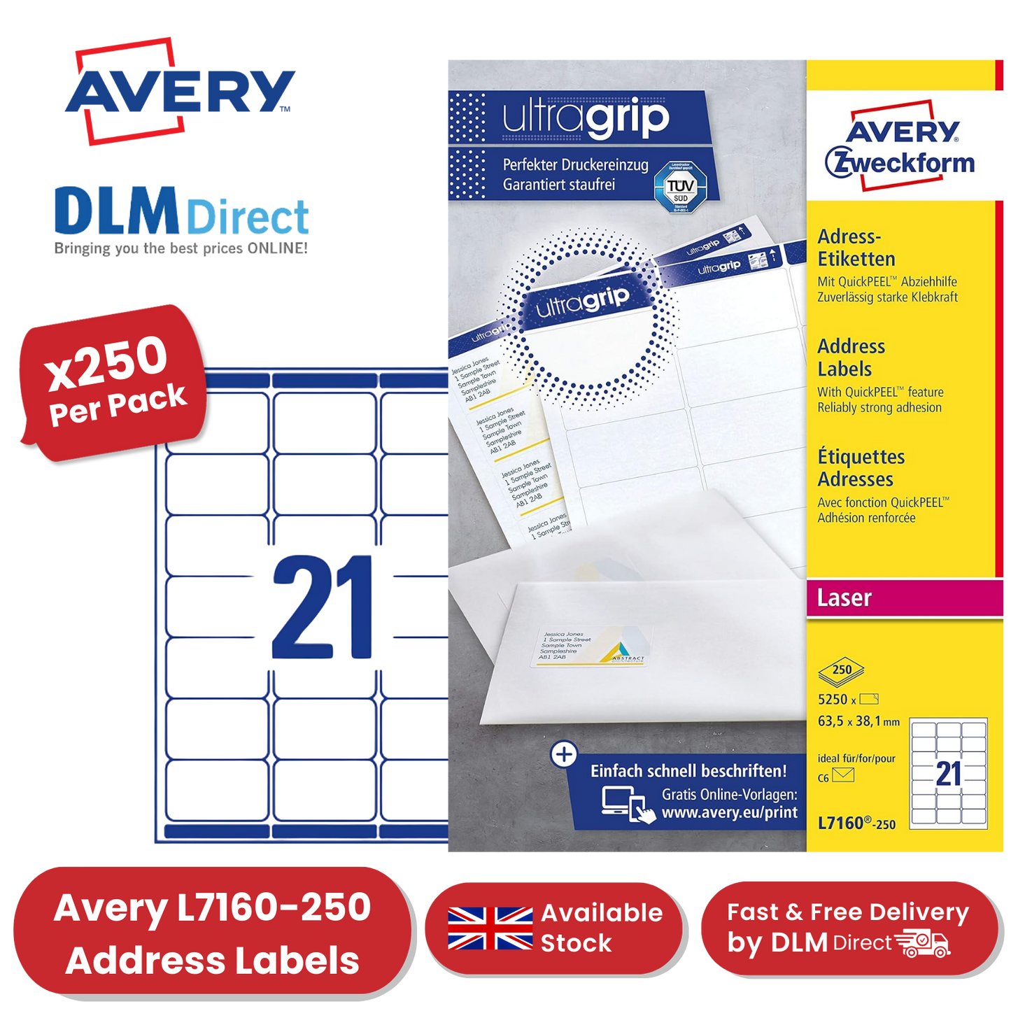 Avery L7160-250 Address Labels, 250 Sheets, 5250 Labels 63.5 x 38.1mm - 1 to 5