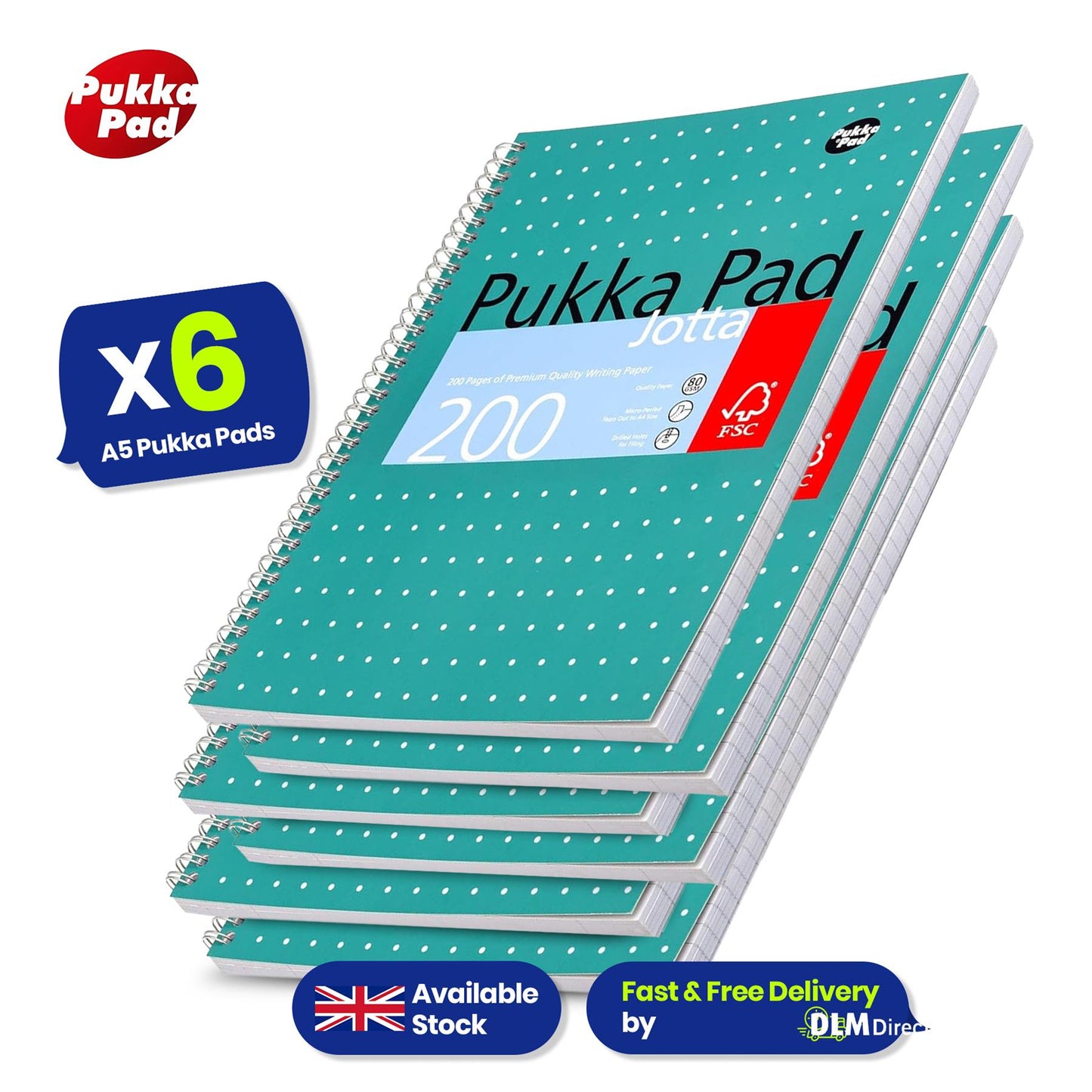 PUKKA WHITE A5 WIREBOUND PADS 200 page 80gsm (RULED/MARGIN) - PACK OF 6