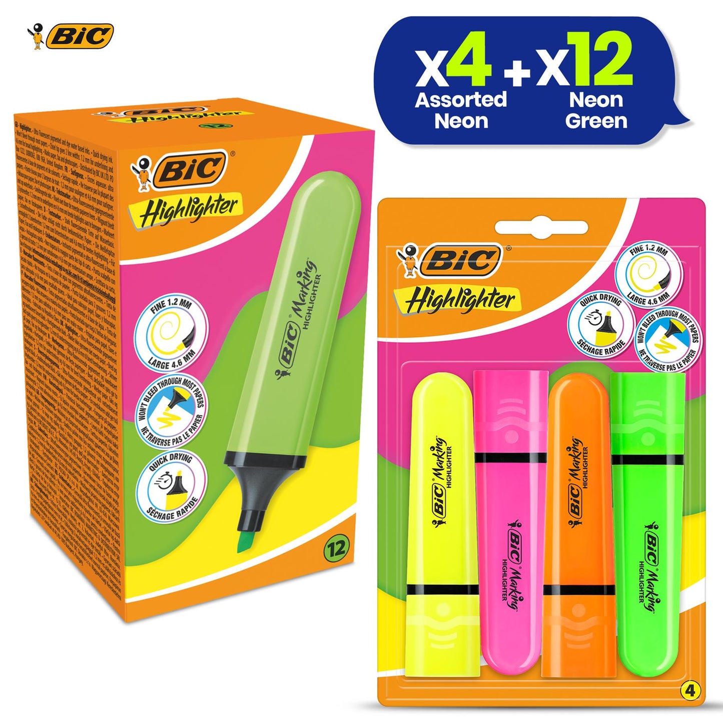 BIC Highlighter Flat Marker Neon Green Pack of 12 & 4x Assorted Chisel Tip Quick Dry