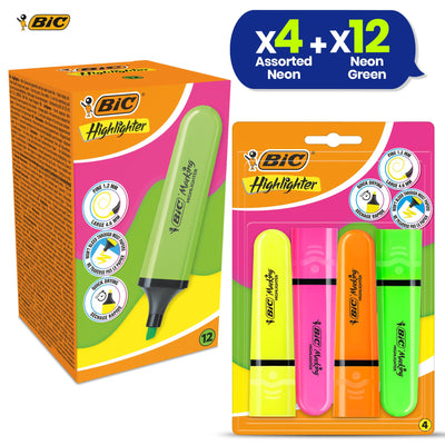 BIC Highlighter Flat Marker Neon Green Pack of 12 & 4x Assorted Chisel Tip Quick Dry