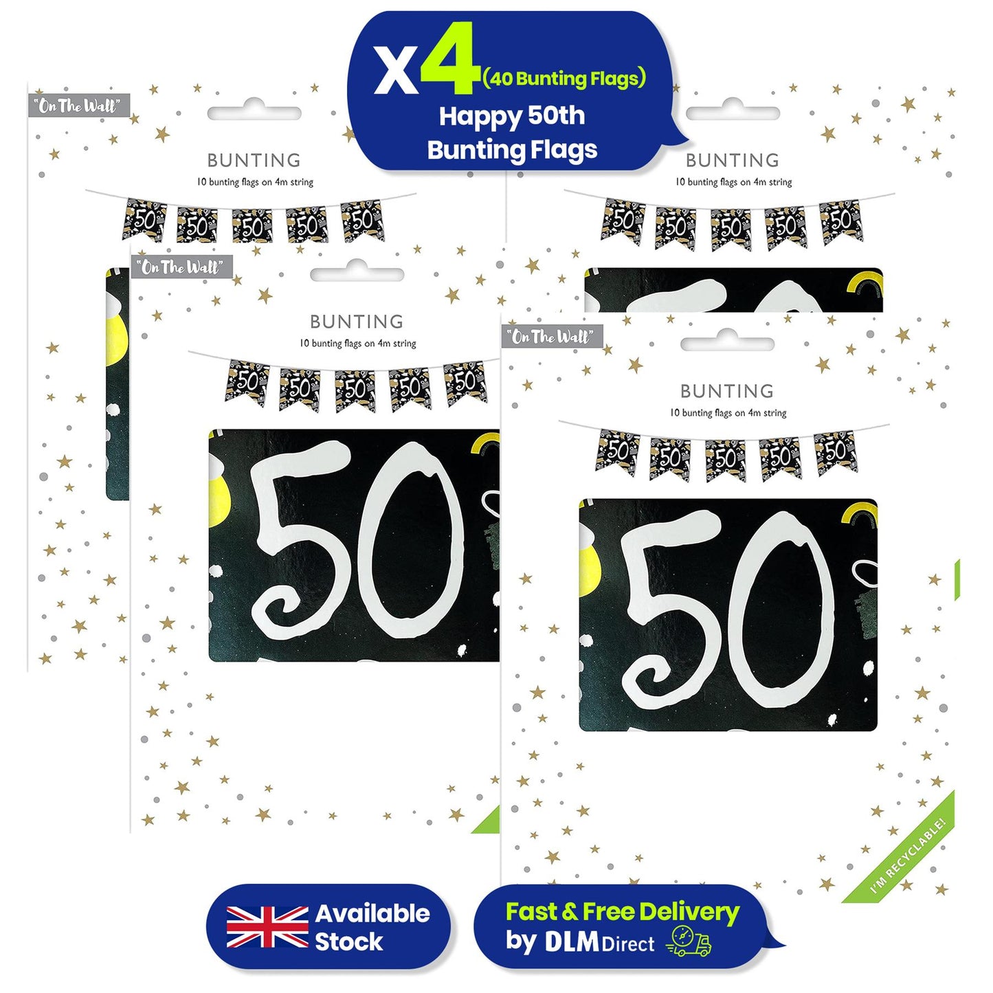 On The Wall Happy 50th Birthday Bunting 4m with 10 Flags, Ready to Hang