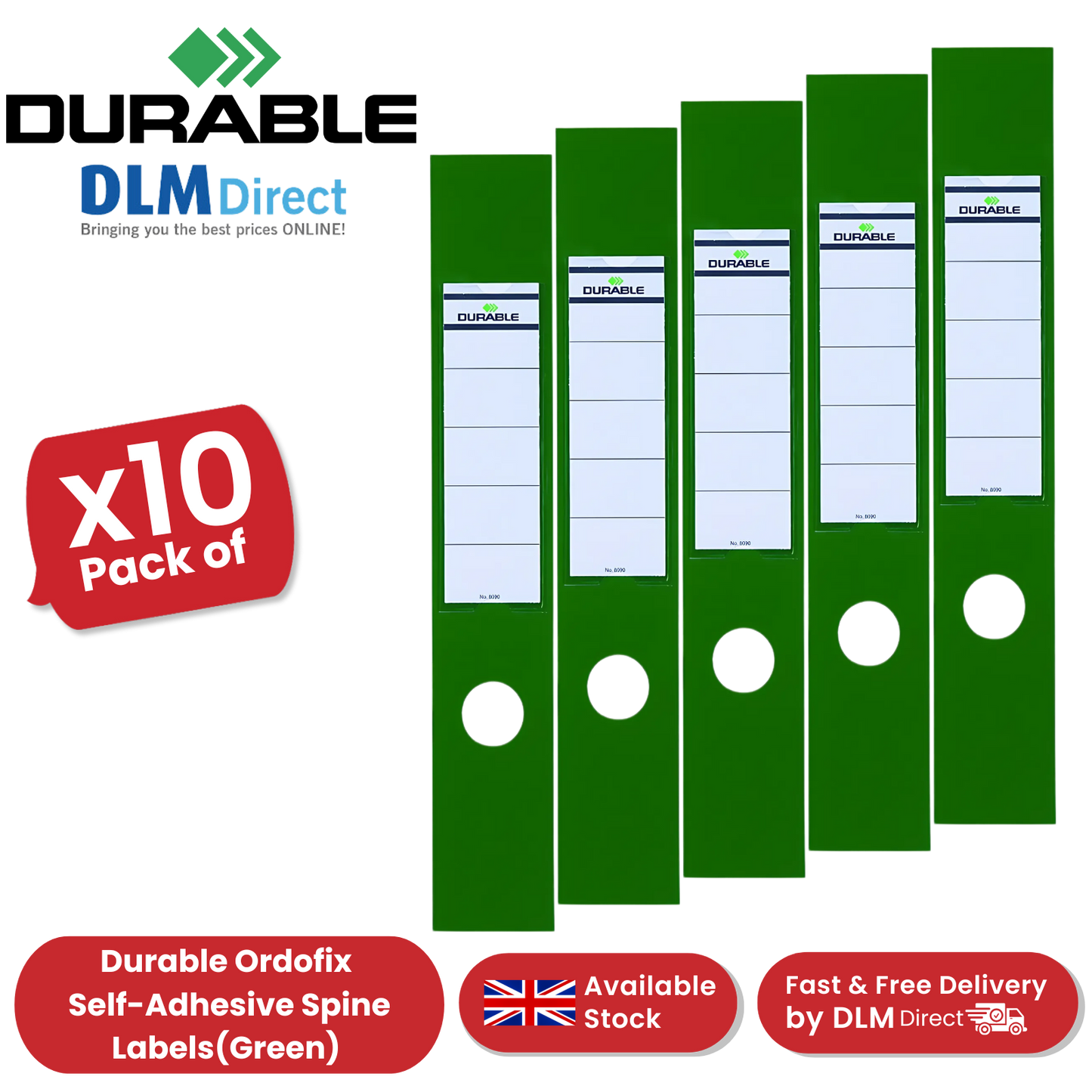Durable Ordofix Self-Adhesive Spine Labels - Green - Pack of 10 - 60 mm - 1 to 5