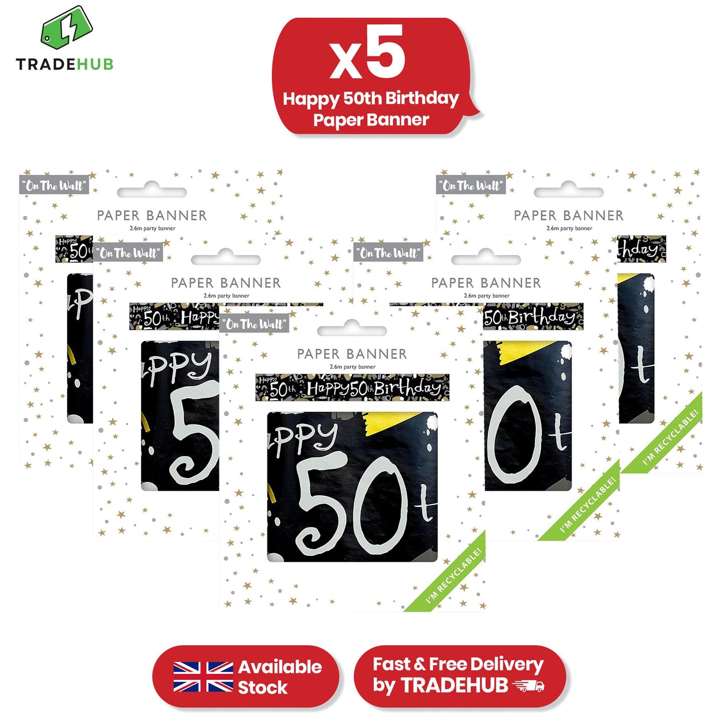 Happy 50th Birthday Black and White Recyclable Banner - 2.6m