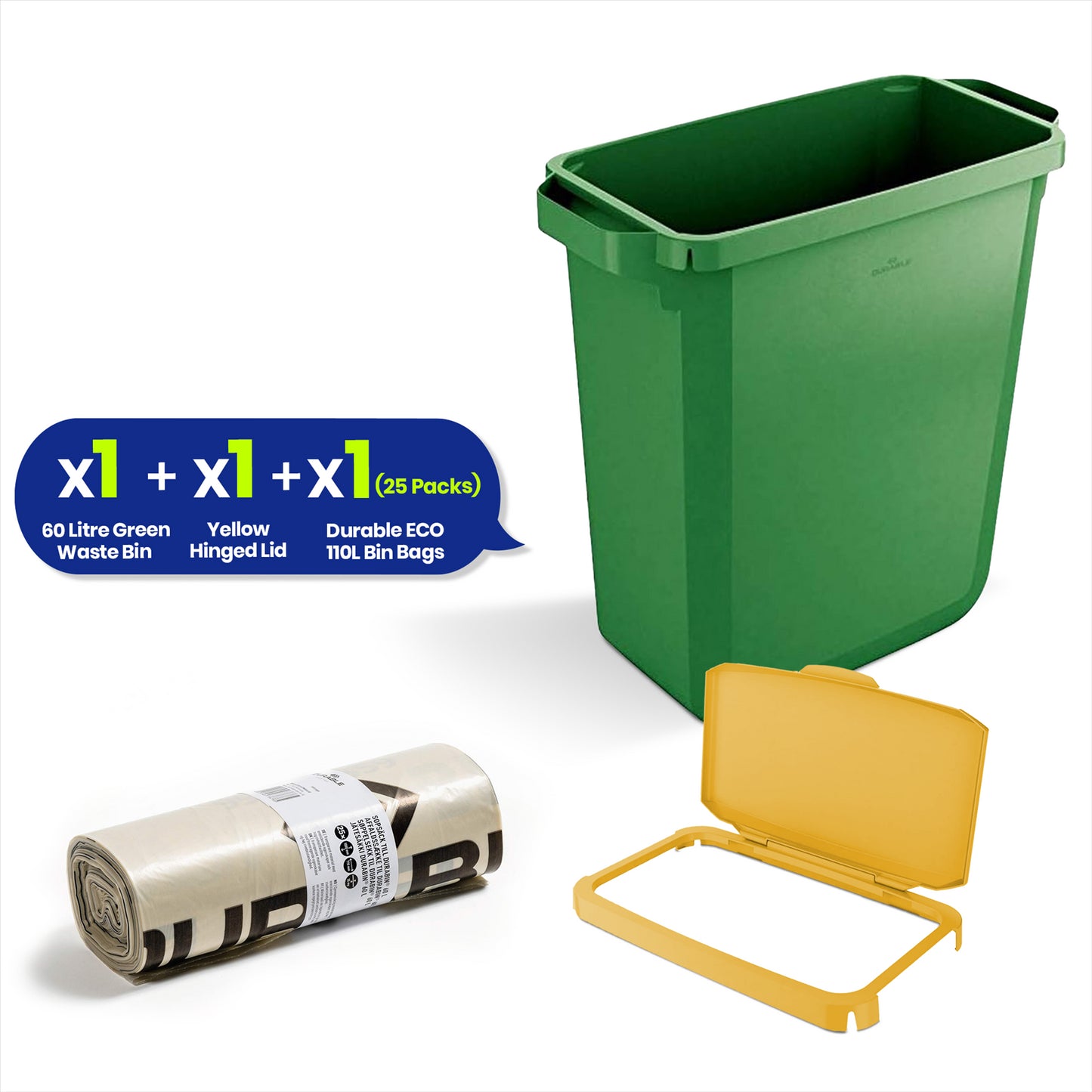 DURABIN 60L Green Bin Set & Yellow Hinged Lid and 25x 110L Recycled Bin Bags